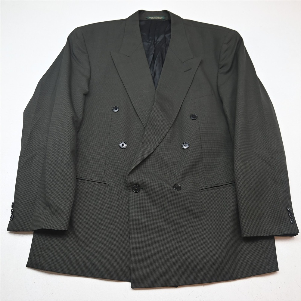 Vtg Double Breasted 44R Dark Green Houndstooth 100% Wool Blazer Sport Coat